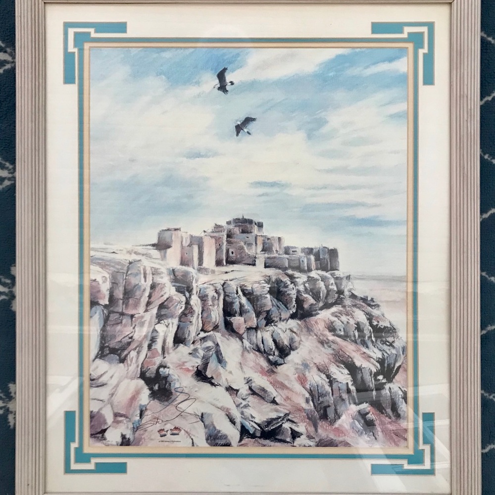 Original Native American Art Lithograph of the town Acoma Pueblo in NM